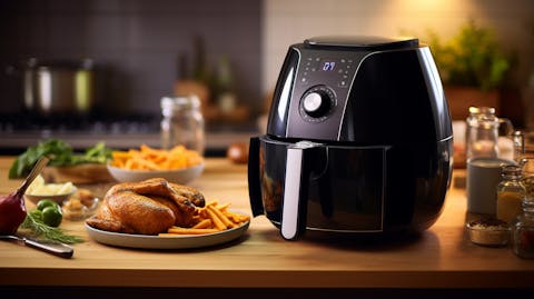 A customer holding a hot air fryer in their kitchen, the convection current visible.