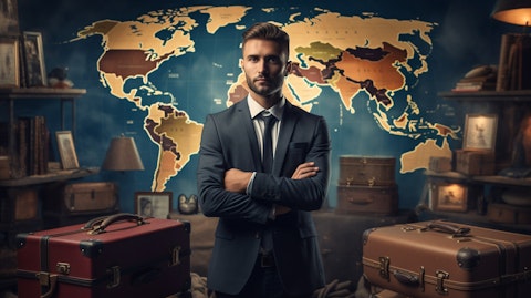 A leisure travel advisor standing in front of a world map, surrounded by suitcases and happy travelers.