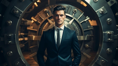 A banker in front of an open vault, symbolizing the company's vast investments.