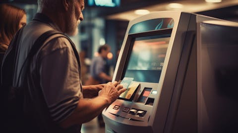 An ATM machine in a shopping mall with a customer sliding their card and making a transaction.