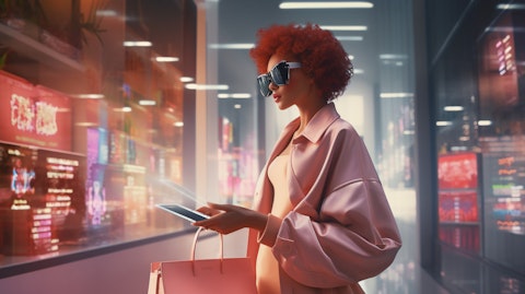 A woman in fashionable apparel shopping on an e-commerce platform.