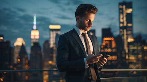 An ambitious entrepreneur on their phone, sealing a business deal as they stand in the city skyline.
