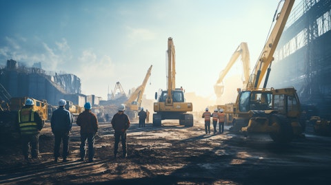 A vast construction site with heavy machinery, materials, and workers, showcasing the company's global presence.
