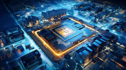 An aerial view of a high-tech factory, showing the impressive scale of the company's semiconductor production.