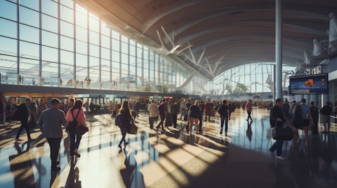 A busy airport terminal full of travelers eager to utilize the company's services.