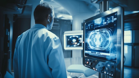A radiologist overseeing an advanced radiation therapy machine in a hospital setting.
