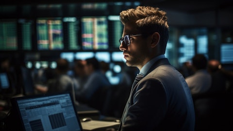 A broker on a busy trading floor managing investments on behalf of clients.