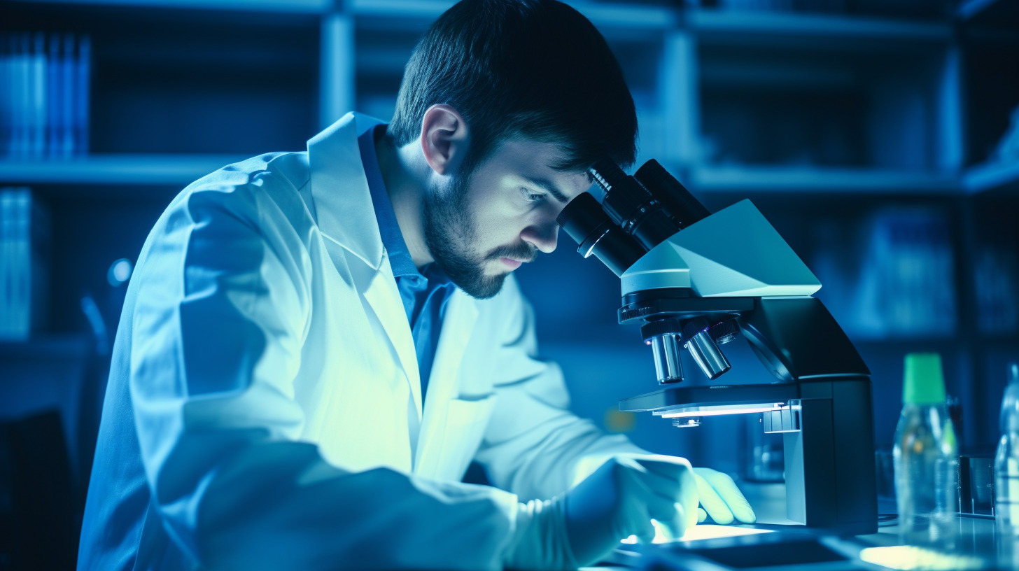 A lab technician examining tissue samples under a microscope, looking for signs of hyperinflammation.