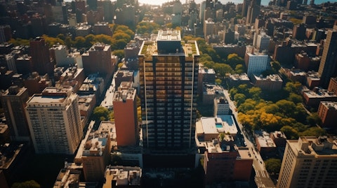 Aerial view of a high-rise building in the New York City metropolitan area.