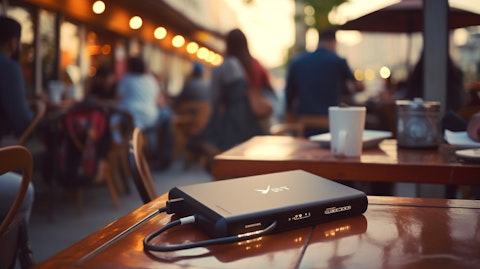 A close-up of a power bank with a tablet charging alongside it in a public area, surrounded by signs for local restaurants, shopping centers, and other points of interests.