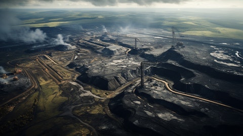 Aerial view of an opencast coal mine, its vastness conveying the magnitude of its operations.