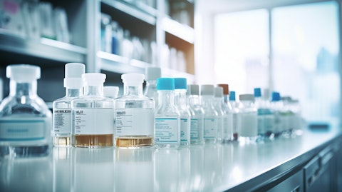 A line of biopharmaceutical products on a laboratory shelf waiting to be tested.