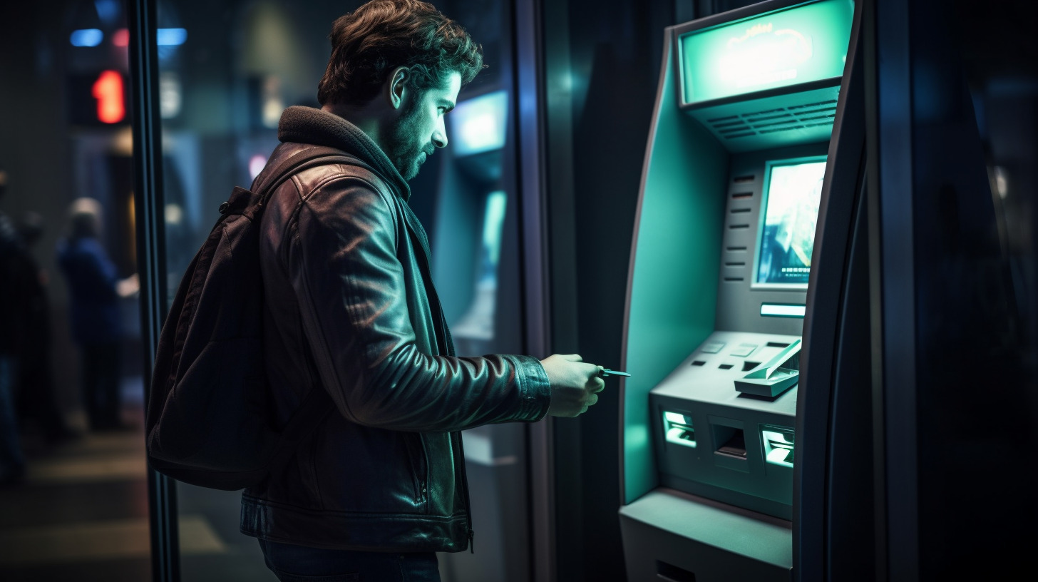 A customer withdrawing money from his bank account using an ATM in a secure setting.