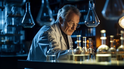 A senior researcher in a laboratory, surrounded by beakers and tubes filled with solutions, hard at work on a new drug.