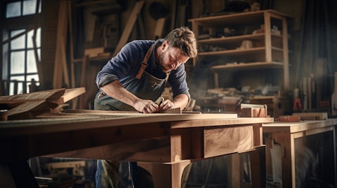 A craftsman examining the finished of a piece of wooden furniture.