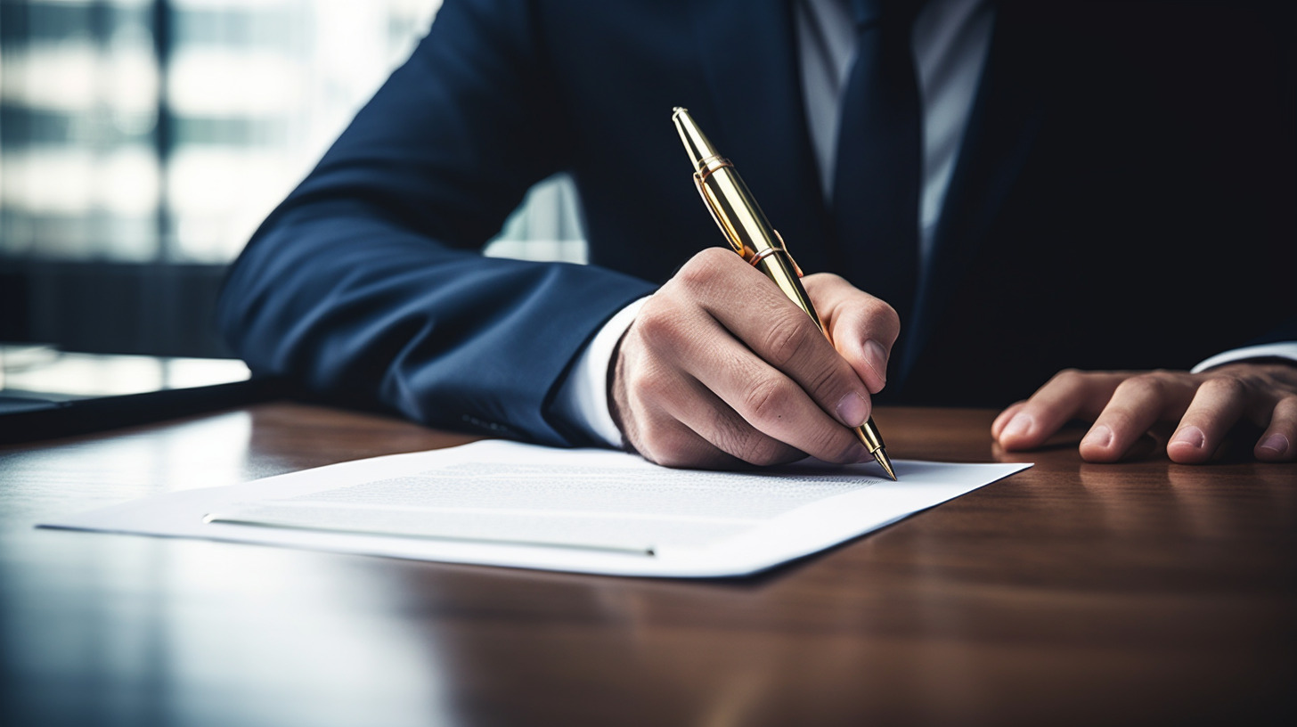 A business owner signing a contract in the bank office.