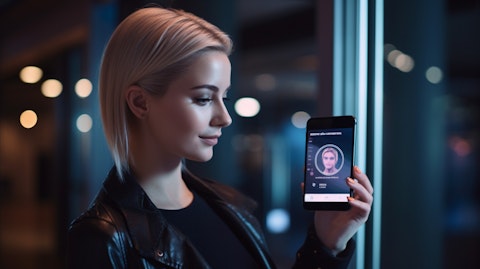 A female customer using Knomi mobile biometric authentication framework to log into her app account.