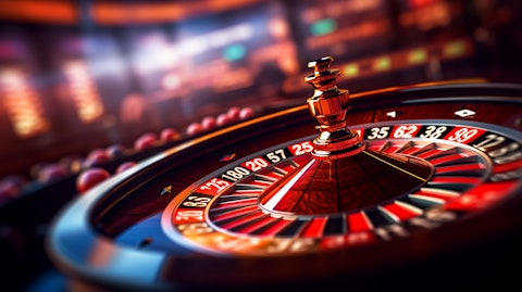A close-up of a roulette wheel spinning at an online casino.