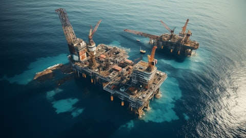 Aerial view of an oil rig in the sea waters, reflecting the company's involvement in the oil and gas markets.