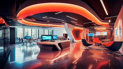 A modern fintech office space, its sleek lines and bright colors highlighting the cutting-edge focus of the digital banking technology.