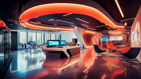 A modern fintech office space, its sleek lines and bright colors highlighting the cutting-edge focus of the digital banking technology.