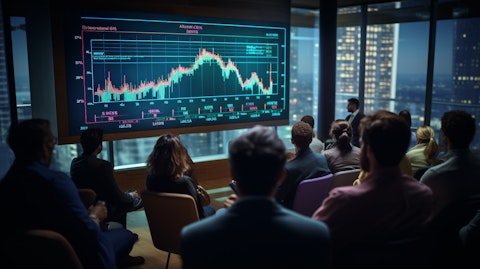 A graph on a big screen with a group of people around it discussing 'Data Performance'.