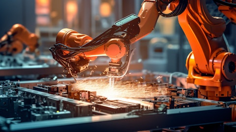 An automated machine assembling a product, representing the efficiency of the manufacturing process.