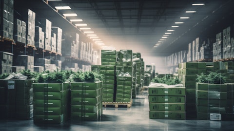 A close-up of a distribution center, with stacks of boxes ready for delivery of cannabis products.