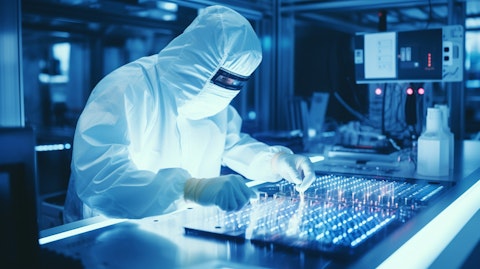 An innovative technician wearing a lab coat manipulating semiconductor chipsets in a modern laboratory.