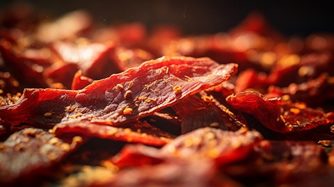 A close-up shot of a tasty air-dried meat snack product.