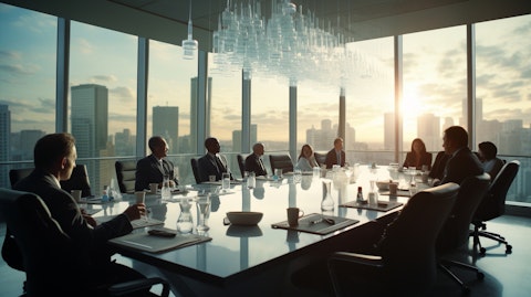 An executive team in a boardroom discussing the launch of a new drug trial.