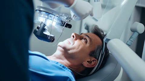 A patient receiving a specialized intravitreal implant in a physician's office.