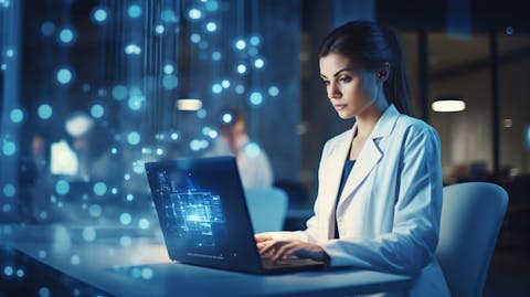 A female doctor using the latest healthcare IT technology in her medical practice.