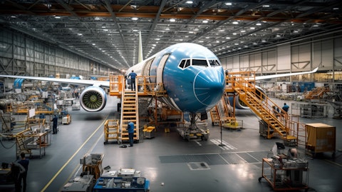 A giant commercial airliner surrounded by mechanics and engineers, emphasizing the scale of the leasing and servicing company.