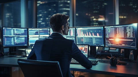 An executive in a modern office surrounded by computer screens, confidently making financial transactions.