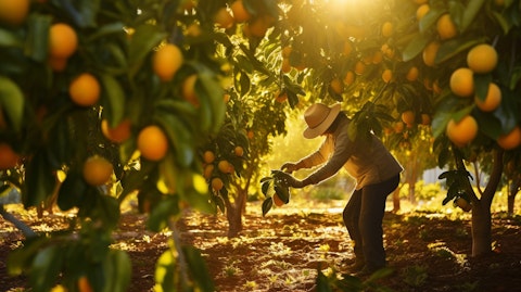 A worker harvesting citrus fruits in an orchard, the sun illuminating the bright hues of the trees.
