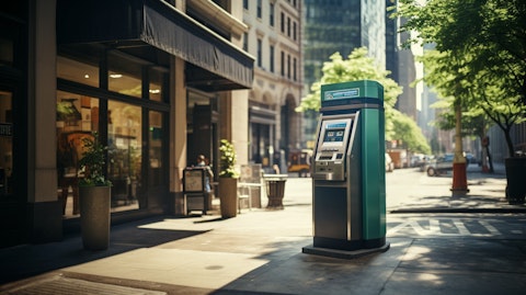 A bustling city street corner with an ATM machine, symbolizing the bank's offerings of deposit services.