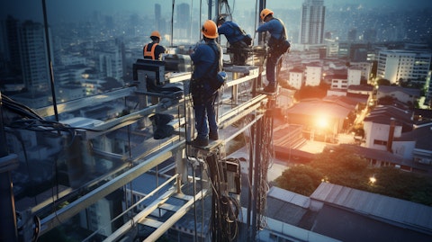 Workers installing a complex telecommunications infrastructure within an urban cityscape.