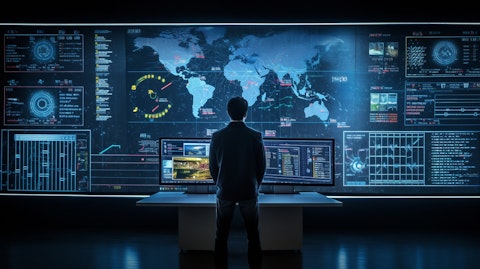 A data analytics engineer visualizing data points on a large screen.