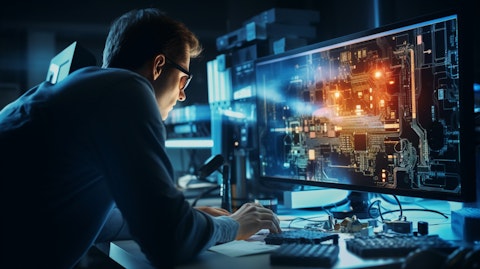 An engineer analyzing a complex engineering schematic while surrounded by equipment and tools used in the development of optical sensing solutions.