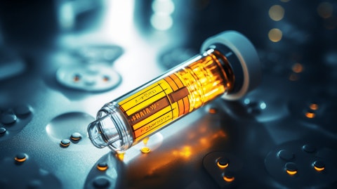 A close up photograph of a vial of a new biotechnological drug candidate in development.