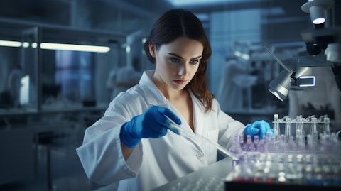 A lab worker conducting a quality control check on a newly created beauty product.