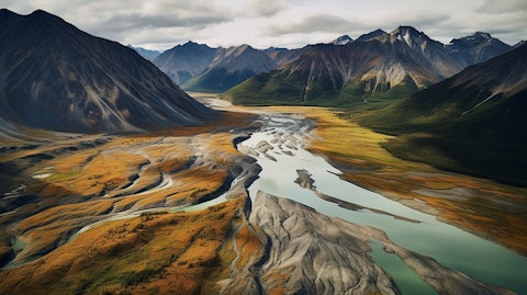 Aerial shot of the rugged landscape of Yukon, Canada reflecting the exploration for mineral properties.
