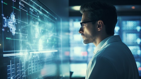 A close-up of a scientist in a lab coat manipulating computational predictive tools.