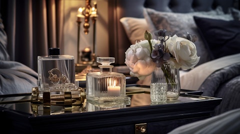 A luxuriously decorated bedroom with textiles, mirrors and fragrance diffusers.