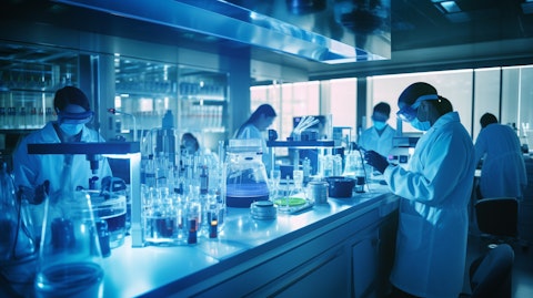 A pharmaceutical laboratory in action, with chemists working feverishly on compounds.