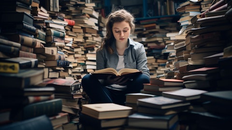 An engrossed reader surrounded by the company's innovative and diverse selection of books.
