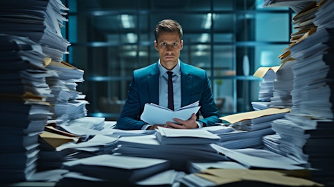 A portfolio manager with a stack of financial documents, illustrating the asset management industry.