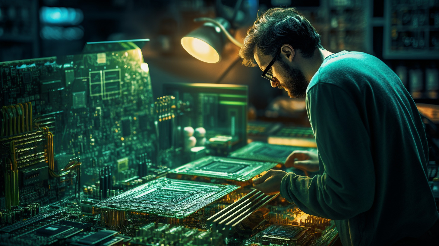 A technician inspecting a closely populated circuit board of electronic components.