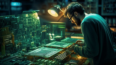 A technician inspecting a closely populated circuit board of electronic components.